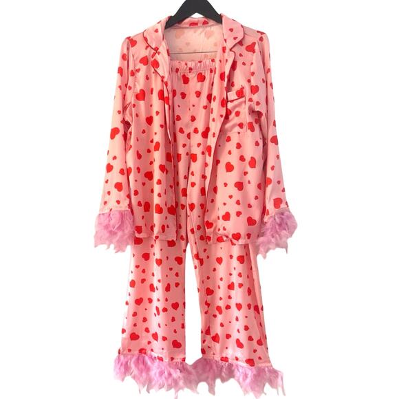 Red heart printed feather pajamas top & pants casual set silk pajamas - Picture 3 of 5